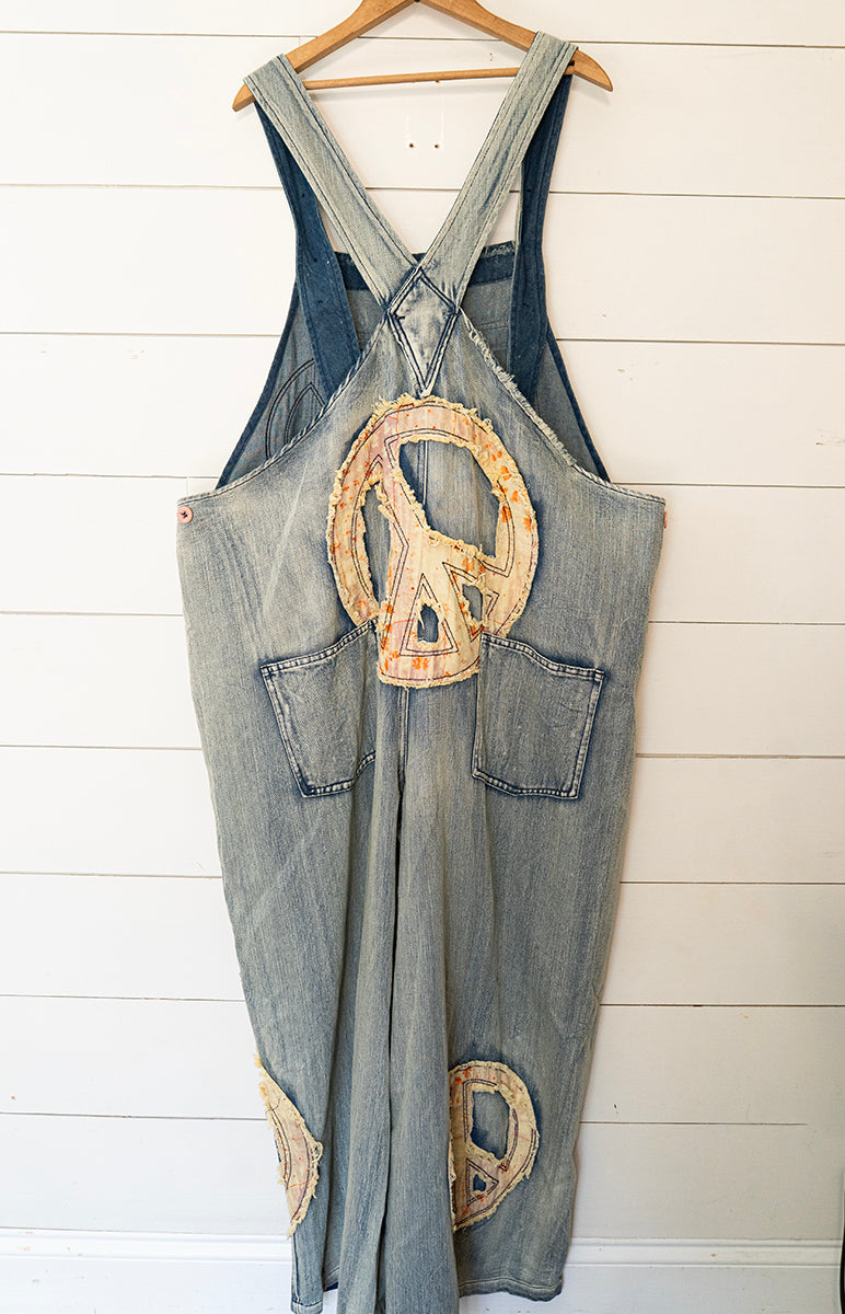 Bohemian Peace & Love Patchwork Denim Overalls