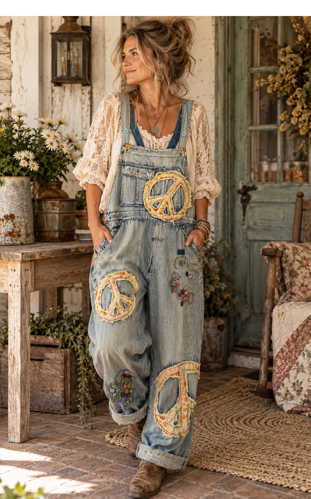 Bohemian Peace & Love Patchwork Denim Overalls