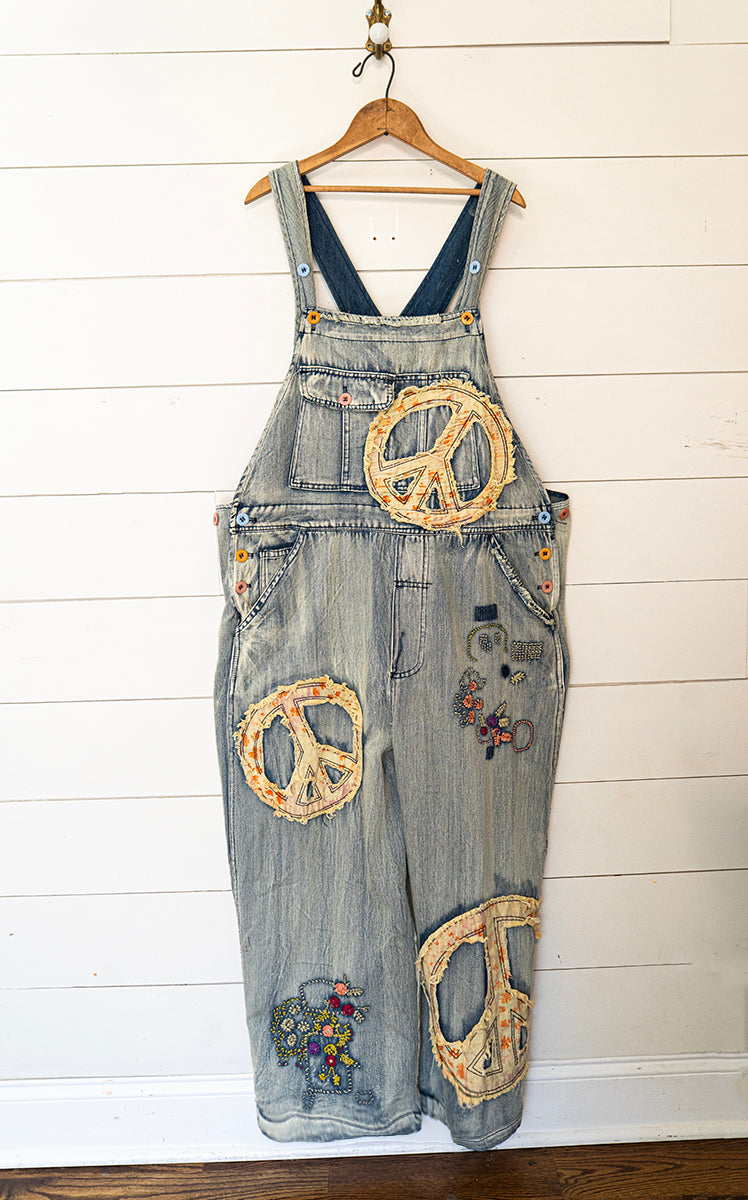 Bohemian Peace & Love Patchwork Denim Overalls