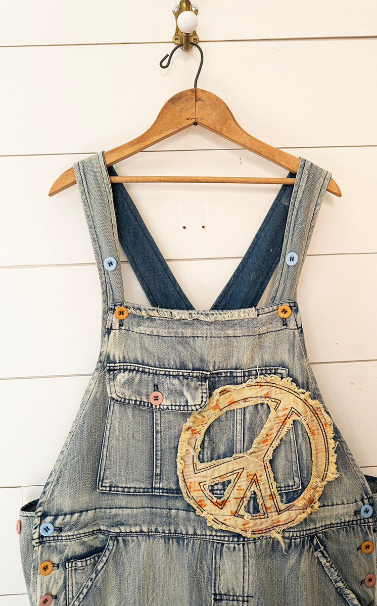 Bohemian Peace & Love Patchwork Denim Overalls