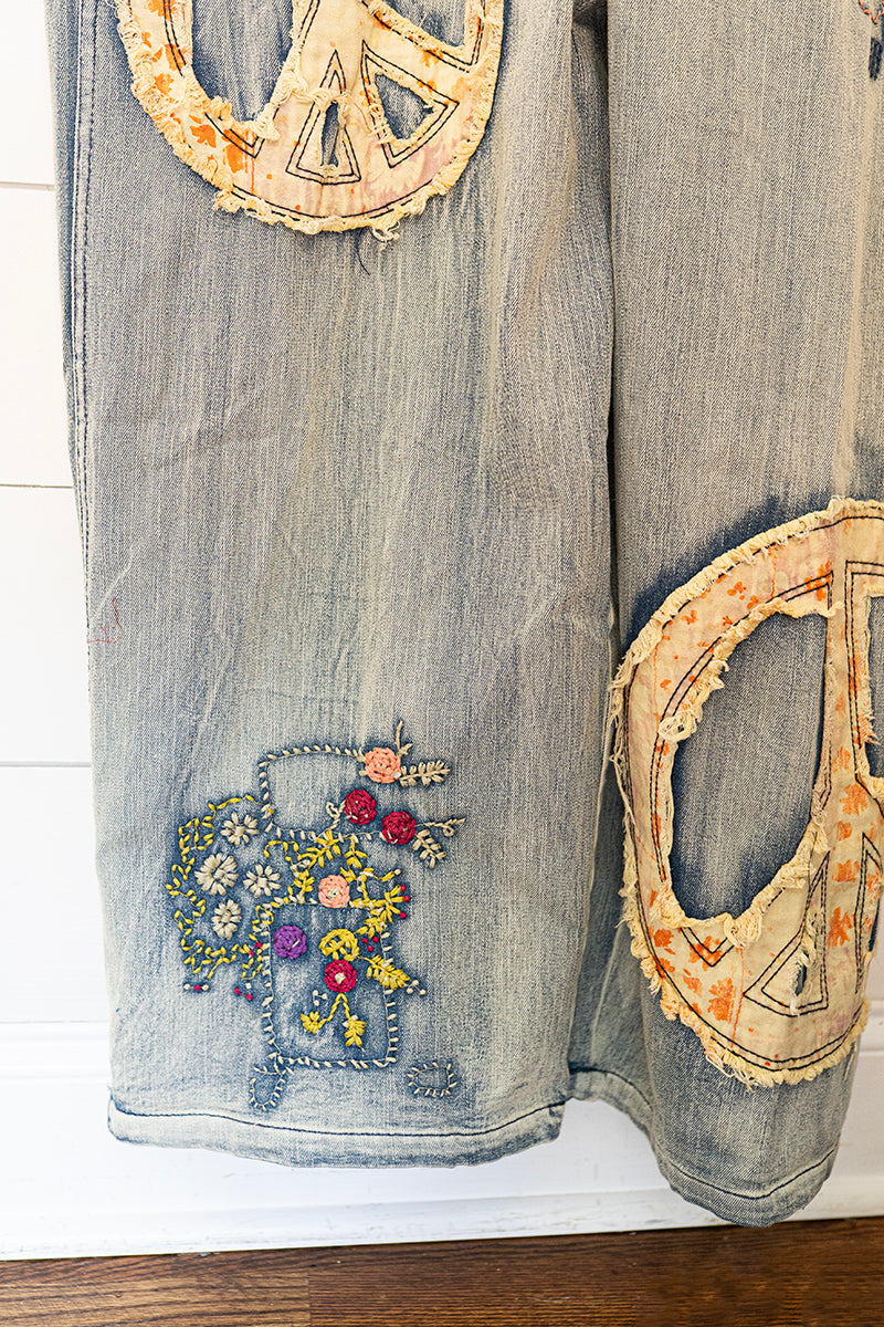 Bohemian Peace & Love Patchwork Denim Overalls